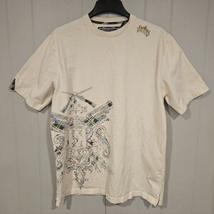 Vintage ENYCE Clothing Company Beige Embroidered Logo Graphic T-Shirt XL Cotton